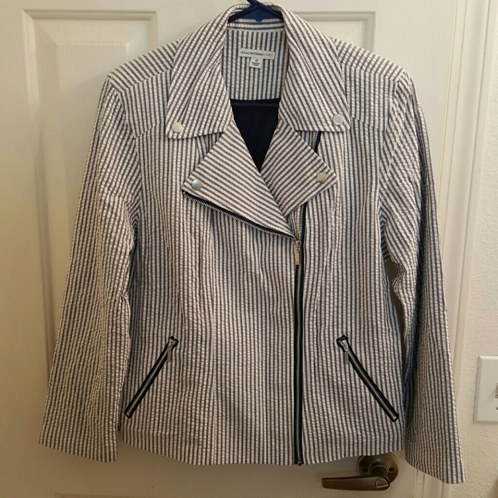 Seersucker moto jacket with silver tone zips